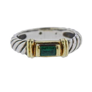 David Yurman 14K Gold Silver Green Stone Ring: Metal Content: 14k Gold, Sterling Silver.Weight of Item: 4.3 grams.Size: Ring size 7. Top is 5mm at widest point.Gemstone: Green stoneStamp: D.Y. 585, 925.