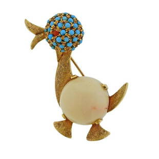 14K Gold Coral Turquoise Duck Brooch: Metal Content: 14k Gold.Weight of Item: 10.5 grams.Size: Brooch is 44mm x 26mm.Gemstone: Coral. Turquoise.Stamp: 14k tested.