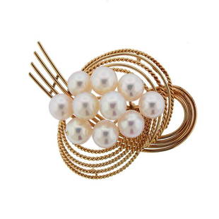 Mid Century 14K Gold Pearl Brooch: Metal Content: 14k Gold.Weight of Item: 14.5 grams.Size: Brooch is 50mm x 38mm.Gemstone: Pearls - 7mm to 7.5mm.Stamp: 14k, K.