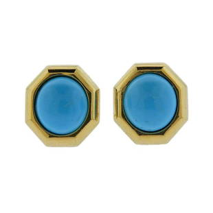 14K Gold Turquoise Earrings: Metal Content: 14k Gold.Weight of Item: 6.1 grams.Size: Earrings size 17mm in diameter.Gemstone: Turquoise 12mm in diameter.Stamp: Tested 14k.