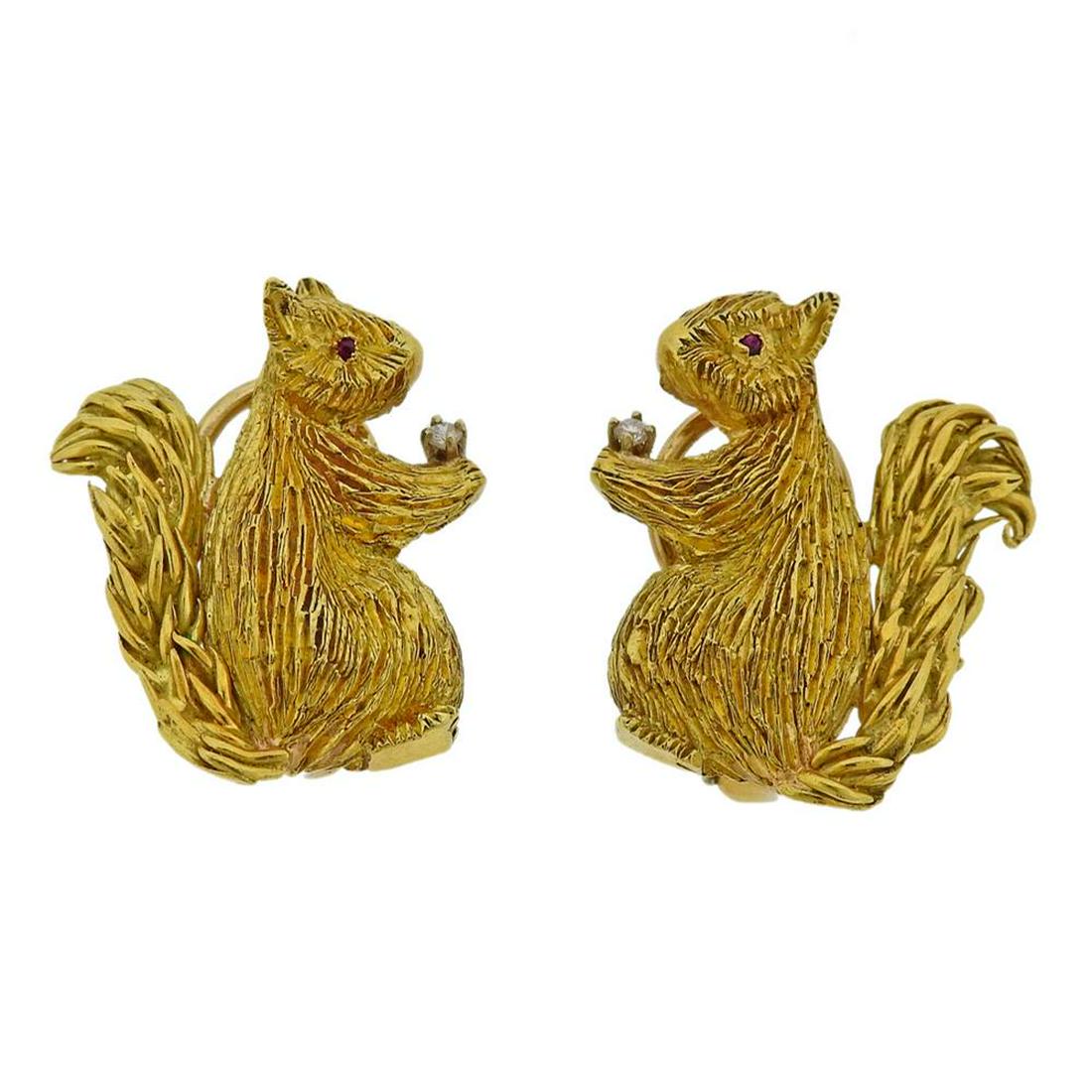 18K Gold Diamond Ruby Squirrel Earrings (1 of 3)