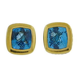 David Yurman 18K Gold Silver Blue Topaz Earrings: Metal Content: 18k Gold,Sterling Silver.Weight of Item: 23.6 grams.Size: Earrings are 20mm x 20mm.Gemstone: Blue Topaz.Stamp: D.Y 750 925.