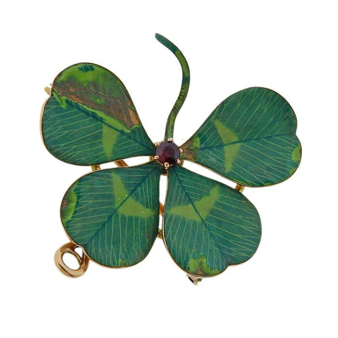 Antique 4 Leaf Clover 14K Gold Ruby Enamel Pendant (1 of 3)