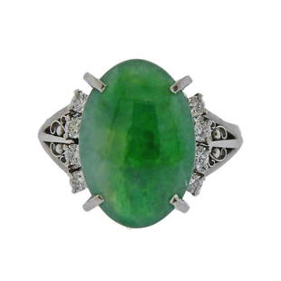 Platinum 3.89ct Jade Diamond Ring: Metal Content: Platinum.Weight of Item: 8 grams.Size: Ring size 5 1/4, ring top - 14.5mm x 13.5mm.Gemstone: Diamonds. Jade 3.89ct.Carat Weight: approx. 0.20ctw.Stamp: 389 D 020 P.M 900.