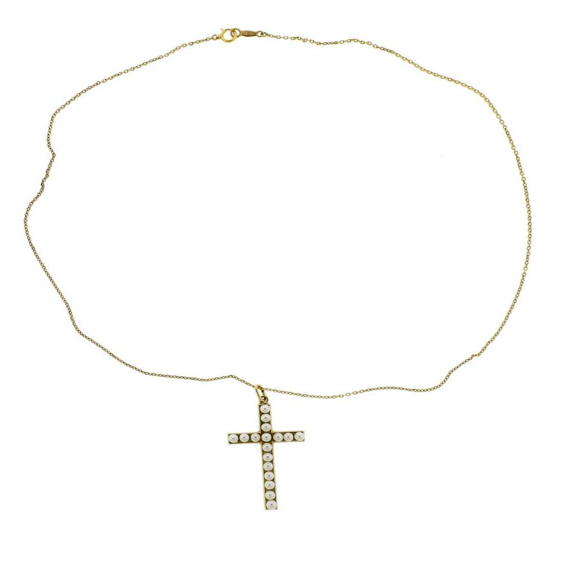 Mikimoto 14K Gold Pearl Cross Pendant Necklace (1 of 3)