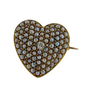 Antique Victorian 14K Gold Diamond Pearl Heart Pendant: Metal Content: 14K gold.Weight of Item: 4.6 grams.Size: 22 x 21.5mm.Gemstone: Seed pearls, Diamond.Stamp: 14K.