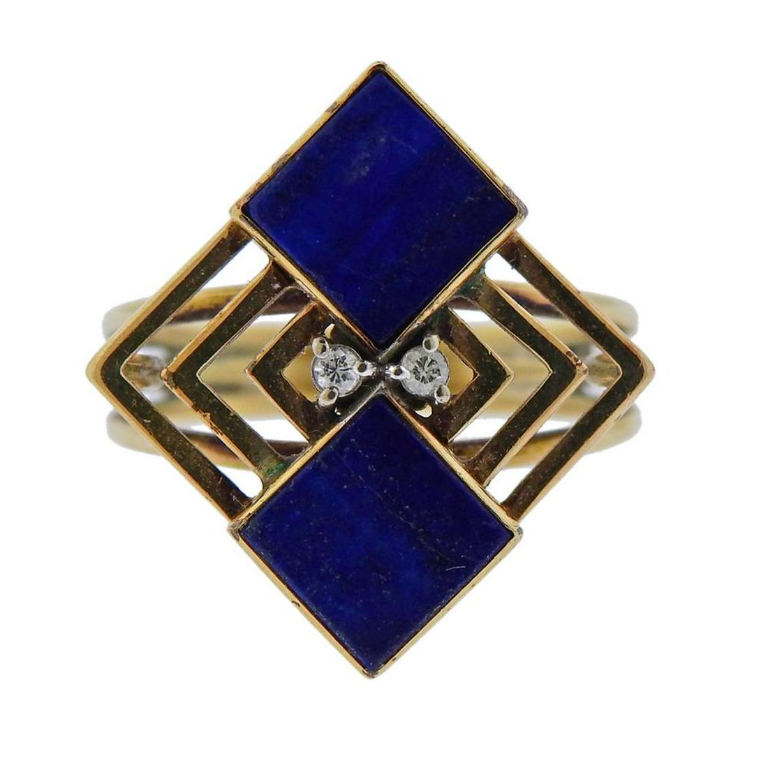 1970s 14k Gold Diamond Lapis Modernist Ring (1 of 2)