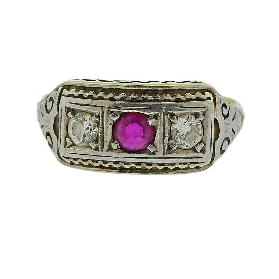 Art Deco 14K Gold Diamond Red Stone Ring (1 of 3)