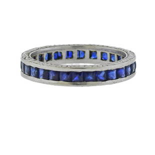 Antique Platinum Sapphire Eternity Band Ring: Metal Content: Platinum.Weight of Item: 4.5 grams.Size: Ring size 7. Band is 3.5mm.Gemstone: Sapphires.Stamp: N/A, tested Platinum.