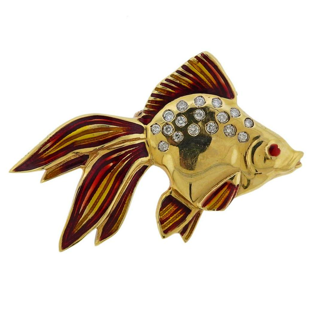 18k Gold Diamond Enamel Fish Pin Brooch (1 of 3)