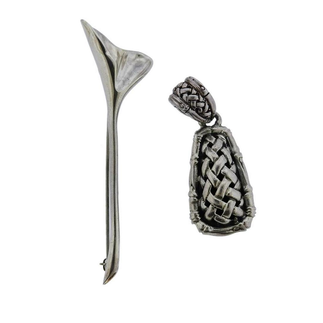 Tiffany & Co John Hardy Sterling Silver Brooch: Metal Content: 925 Sterling Silver.Weight of Item: 15.4 grams.Size: Brooch is 63mm long x 21mm at widest point. Pendant is 41mm long x 16mm at widest point.Stamp: Tiffani & Co 925 Mexico. JH 925 I