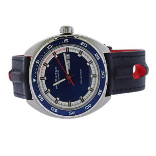 Hamilton Pan Europ Day Date Automatic Watch H354050: Metal Content: Stainless Steel. Dial: Hamilton metallic blue and white dial with silvered marks, center second hand, day date window at 3 o&#39;clock. Size: Case - 42mm without crown x 45mm lug end to