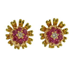 18k Gold Diamond Ruby Flower Stud Earrings: Metal Content: 18k Gold.Weight of Item: 4.2 grams.Size: Diameter - 12.3mm. Jackets are removable. Gemstone: Diamond, Ruby. . Carat Weight: approx. 0.10ctw. Stamp: 18k.