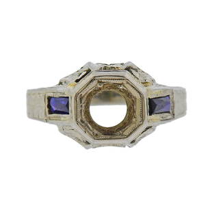 Art Deco 18K Gold Sapphire Ring Mounting: Metal Content: 18k Gold.Weight of Item: 6.5 grams.Size: Ring size 6 3/4 and ring is 10.2mm at widest point. Center of the ring will keep approx. 6mm in diameter.Gemstone: Sapphire.Stamp: 18k.