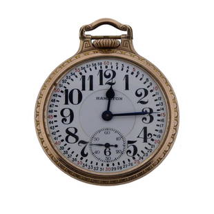 Hamilton Railroad Pocket Watch 992: Metal Content: 10k Gold Filled. Dial: Double sunk Montgomery porcelain dial, with black marks. Small sub-dial at 6 o'clock. Some scratches on crystal. Size: Diameter of the case - 50mm. Movement: