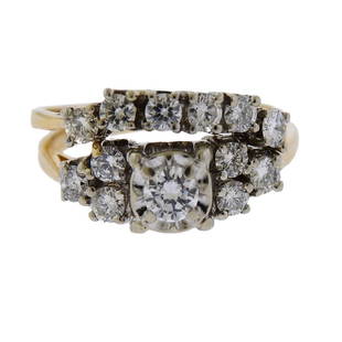 14k Gold Diamond Bridal Ring Set: Metal Content: 14k Gold. Weight of Item: 4.1 grams.Size: 5 3/4 (each), width when worn together - 9mm. Gemstone: Diamonds. Carat Weight: approx. 0.70ct (H-VS).Stamp: 14k.