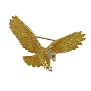 Maurice Guyot 18K Gold Diamond Ruby Eagle Brooch: Metal Content: 18k Gold.Weight of Item: 14.4 grams.Size: Brooch is 54mm x 45mm.Gemstone: Diamond. Ruby.Stamp: 18k M Guyot.