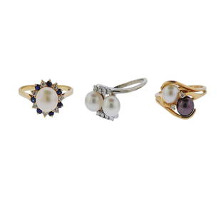 14K Gold Diamond Pearl Sapphire Ring Lot of 3: Metal Content: 14k Gold.Weight of Item: 10.8 grams.Size: Ring sizes are 9 3/4; 8 and 6.Gemstone: Diamonds. Prearls - 7.9mm to 6.5mm. Sapphire.Carat Weight: approx. 0.17ctw.Stamp: tc D 12 25 69