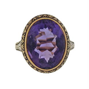 Antique 14K Gold Amethyst Ring: Metal Content: 14k Gold.Weight of Item: 6.2 grams.Size: Ring size 6, ring top - 20mm x 17mm.Gemstone: Amethyst.Stamp: 14k.