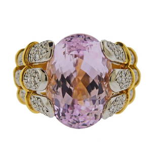 17.35 Carat Kunzite Diamond Platinum 18k Gold Ring: Metal Content: 18k Gold /Platinum. Weight of Item: 20.6 g.Size: Ring size - 7, width of the top - 18mm.Gemstone: Kunzite, Diamonds.Carat Weight: 17.35ct, 0.70ctw.Stamp: pt900, k18, 17.35, D0.70.