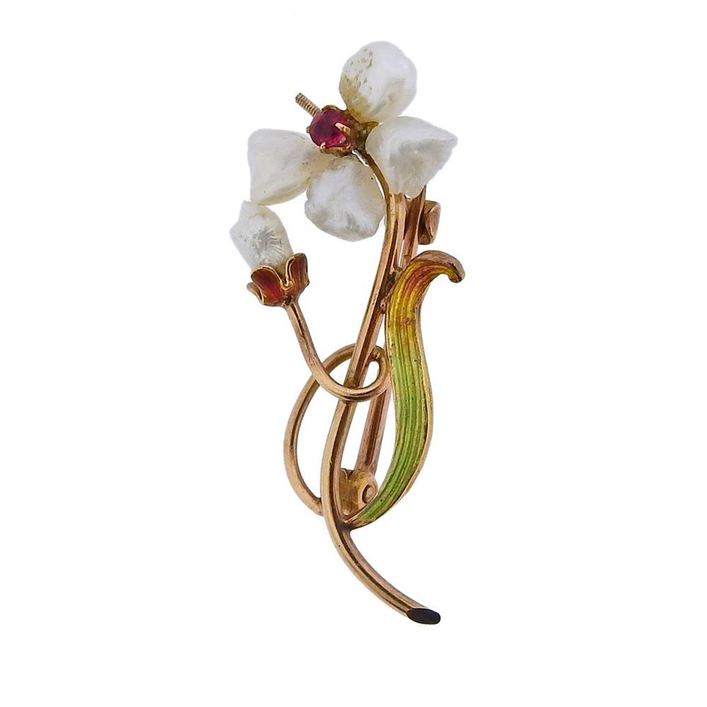 Art Nouveau 14K Gold Pearl Ruby Enamel Brooch Pin (1 of 3)