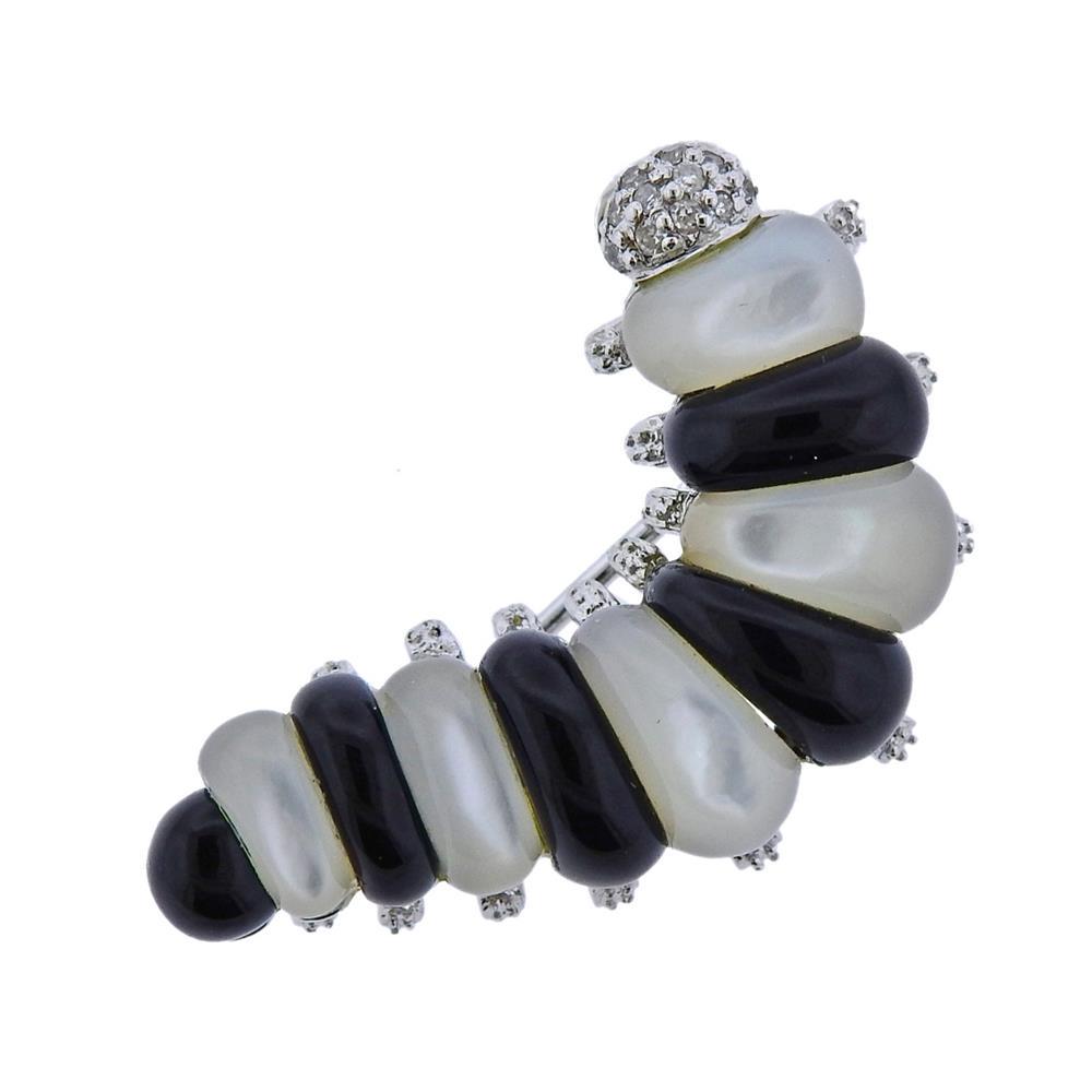 14k Gold Onyx MOP Diamond Caterpillar Brooch (1 of 3)
