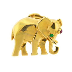 Cartier 18K Gold Elephant Ruby Emerald Clip: Metal Content: 18k Gold. Weight of Item: 5.7 grams.Size: Clip is 18mm x 14mm wide.Gemstone: Ruby. Emerald.Stamp: Cartier 750, 734929.