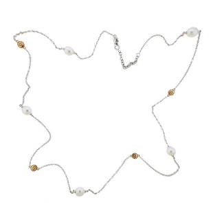 Damiani 18K Gold Diamond Pearl Station Necklace: Metal Content: 18k GoldWeight of Item: 20.4 grams.Size: Necklace is 32" long.Gemstone: Diamond. Pearl - 9.5mm.Stamp: Damiani Made in Italy, 750, 3181AL.