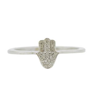 14K Gold Diamond Hamsa Ring: Metal Content: 14k White Gold.Weight of Item: 2 grams.Size: Ring is 7, ring top - 9mm at widest point.Gemstone: Diamonds.Carat Weight: approx. 0.07ctw.Stamp: 14k, IDJ.