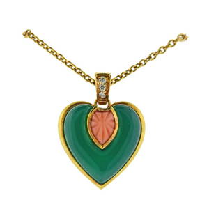 Cartier 18K Gold Diamond Chrysoprase Coral Heart: Metal Content: 18k Gold.Weight of Item: 16 grams.Size: Necklace is 16" long, Pendant - 28mm x 21mm.Gemstone: Diamonds. Chrysoprase and Coral.Carat Weight: approx. 0.10ctw.Stamp: Cartier 750,