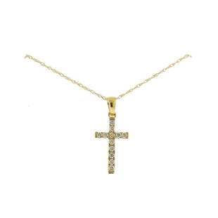 14K Gold Diamond Cross Pendant Necklace: Metal Content: 14k Yellow Gold.Weight of Item: 1 grams.Size: Necklace is 18"long. Pendant - 18mm x 8mm.Gemstone: Diamonds.Carat Weight: approx. 0.11ctw.Stamp: 14kt IDJ (on pendant), RCI 14k (on