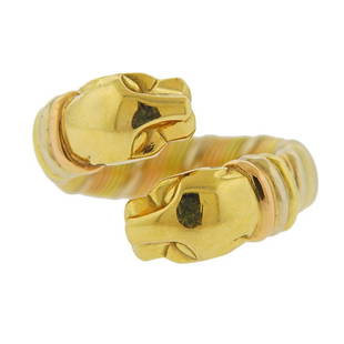 Cartier 18K Tri Color Gold Double Head Panther Ring: Metal Content: 18k Gold.Weight of Item: 11 grams.Size: Ring is 4 3/4, top - 16mm wide (Panther head - 7.2mm).Stamp: Cartier 750, 968012, 48.