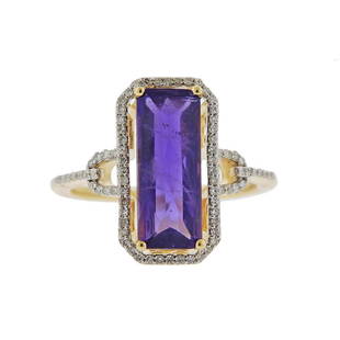 14K Gold Diamond 3.30ct Amethyst Ring: Metal Content: 14k Yellow Gold.Weight of Item: 4.3 grams.Size: Ring is 7 1/4, top - 17mm x 9.3mm.Gemstone: Diamonds. Amethyst approx. 3.30ct (15 x 6 x 4.8mm).Carat Weight: approx. 0.23ctw.Stamp: 14K