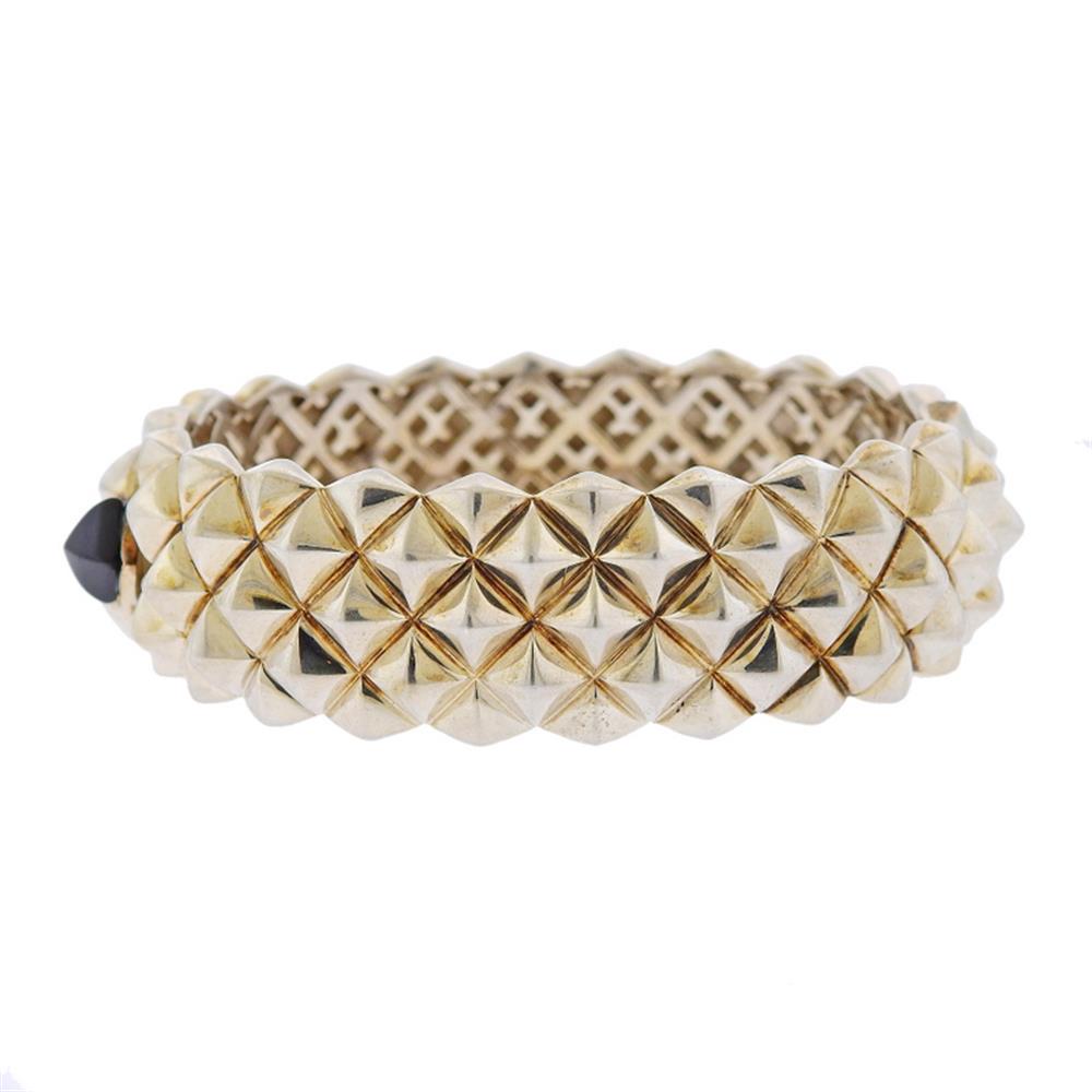 Stephen Webster Superstud Silver Onyx Hinged Cuff: Metal Content: Sterling Silver.Weight of Item: 80 grams.Size: Inner diameter of the bracelet is 56mm x 50mm and is 18mm wide.Gemstone: Onyx.Stamp: 925 Maker's mark.