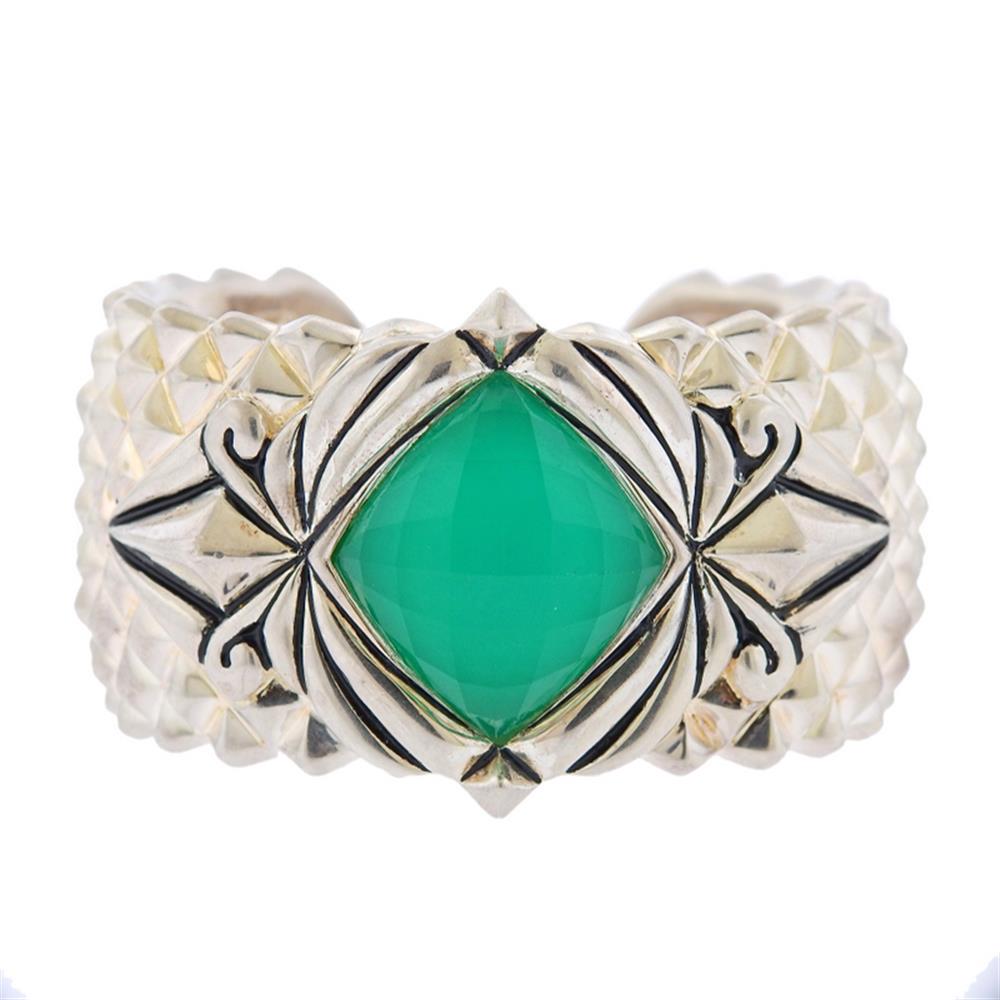 Stephen Webster Superstud Sterling Silver Chrysoprase: Metal Content: Sterling silver .Weight of Item: 102 grams.Size: will fit up to 7 1/2" wrist, 36mm at widest point, inside diameter of 57mm .Gemstone: Chrysoprase, Clear Quartz .Stamp: 925, SW, Ma
