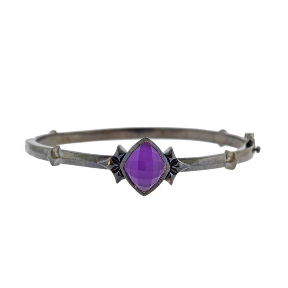 Stephen Webster Superstud Sterling Silver Black Rhodium: Metal Content: Sterling Silver, Black Rhodium Weight of Item: 14.2 grams.Size: Will fit up to 7" wrist, 12mm wide at gemstone Gemstone: Sugalite, QuartzStamp: 925 Maker's mark.