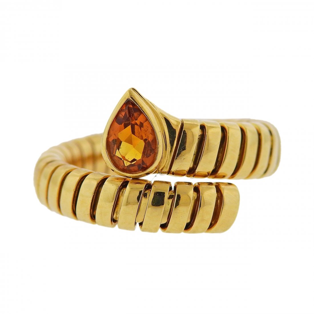 Bulgari Tubogas Citrine 18k Gold Wrap Ring: Metal Content: 18K Gold.Weight of Item: 9.8 grams.Size: Ring size 8 (flexible construction), ring top is 14mm wide.Gemstone: Citrine. Stamp: 750, Bvlgari, Italian mark.