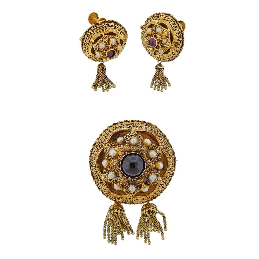 Antique  Gold Pearl Red Stone Brooch Earrings Set (1 of 6)