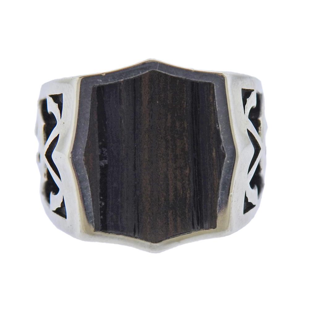 Stephen Webster Sterling Silver Tiger Iron Aces Signet: Metal Content: Sterling Silver.Weight of item: 28 grams.Size: Ring size 9.75. Top is 18.6mm.Gemstone: Tiger Iron.Stamp: 925, SW, Maker's mark.