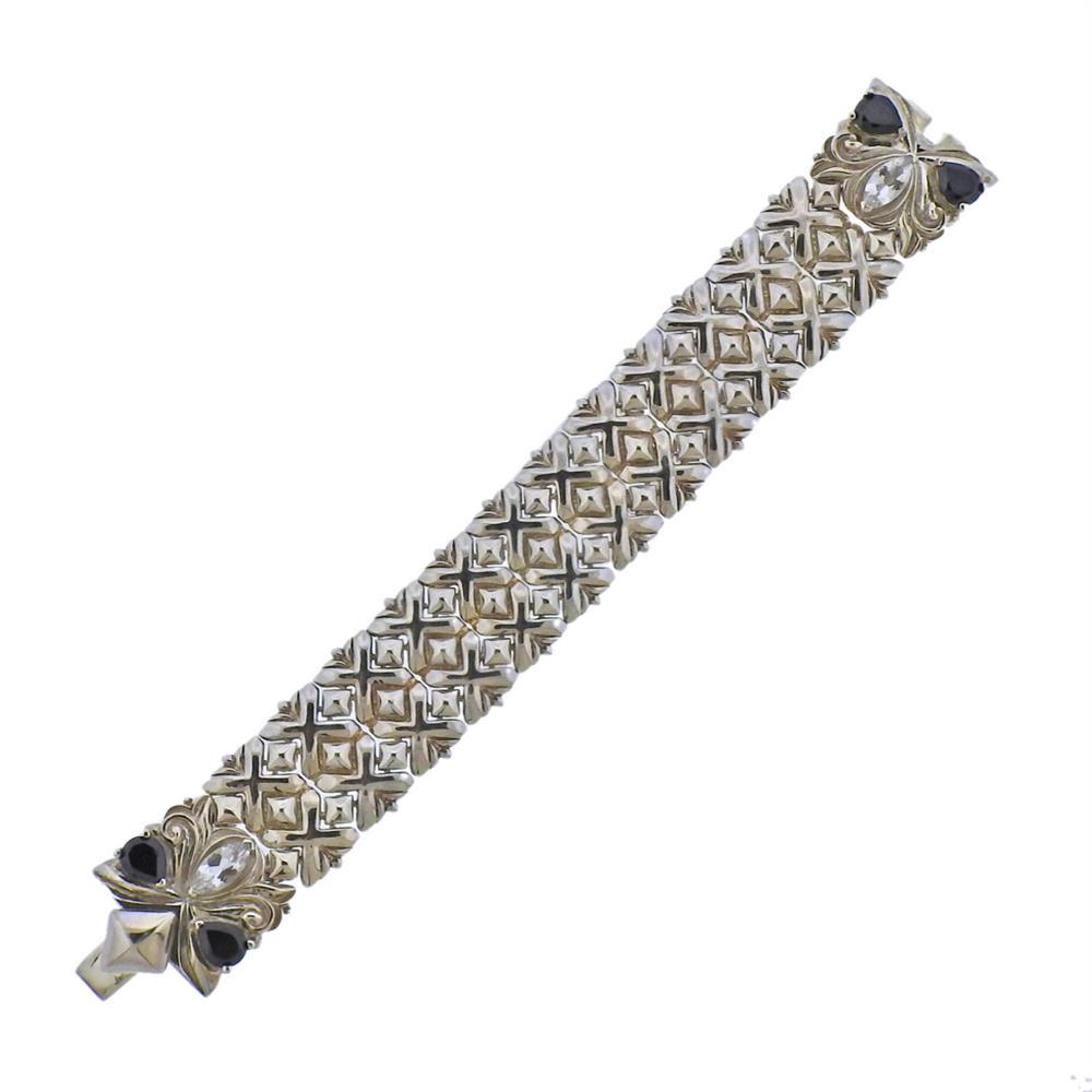 Stephen Webster Silver Black Spinel Quartz Superstud: Metal Content: Sterling Silver.Weight of Item: 77.3 grams.Size: bracelet is 6.75" long and 23mm wide.Gemstone: Black Spinel, Quartz.Stamp: 925, maker's mark.