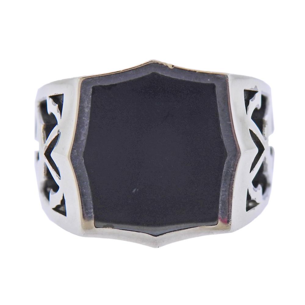 Stephen Webster Sterling Silver Hematite Aces Signet: Metal Content: Sterling Silver. Weight of Item: 29.8 grams.Size: Ring size 10.75. Top is 19mm.Gemstone: Hematite.Stamp: SW, 925, Maker's stamp.