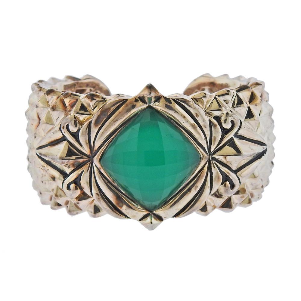 Stephen Webster Superstud Sterling Chrysoprase Quartz: Metal Content: Sterling Silver.Weight of Item: 113.5 grams.Size: Bracelet will fit up to 7.5" wrist and 31mm wide.Gemstone: Chrysoprase, Clear Quartz.Stamp: SW, 925.
