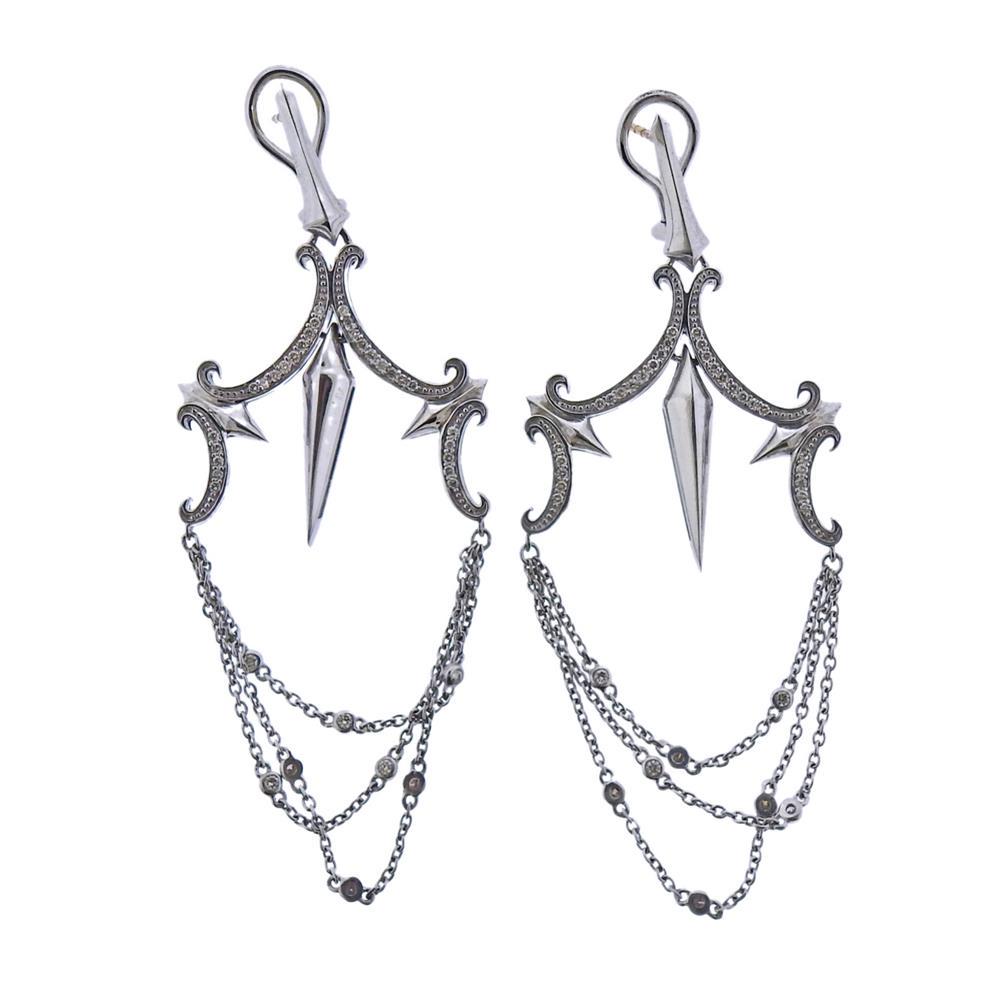 Stephen Webster Sterling Silver Diamond Chandelier: Metal Content: Sterling Silver.Weight of Item: 14.4 grams.Size: Earrings are 66mm long and 31mm wide.Gemstone: Diamonds.Carat Weight: approx. 0.65ctw.Stamp: 925, maker's mark.