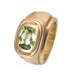 Slane Slane 18K Yellow Gold Peridot Ring Size 5.75: Slane Slane 18K yellow gold medium rectangular ring encompassing all the iconic design elements brushed matte yellow gold forms a wide band . ltbrgt The setting is slightly raised and features a