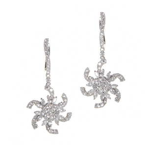 18K White Gold Diamond Pinwheel Drop Earrings CED8473: This pair of drop earrings are lovely and elegant. They're made of 18K white gold and boast pinwheel shaped motifs set with 3.12ct of diamonds.