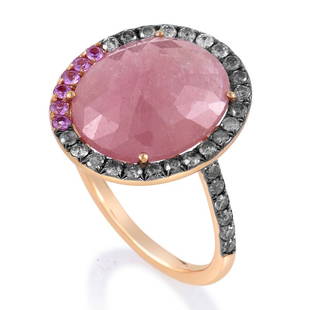 18K Rose Gold Pink Quartz  Diamond Ring - 7.0: Like a sunset's blaze captured in the early evening dew, this ring was designed to mesmerize. 18K rose gold is patterned with a row of diamonds early in the band's rise, and then plateaus into a gorge