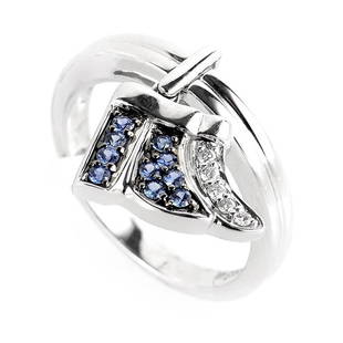 18K White Gold Diamond Sapphire Little Wing Ring - 6.75: This ring is cute and colorful. It is made of 18K yellow gold and boasts a hanging wing-shaped accent set with .18ct of sapphires and .05ct of diamonds. Ring size: 6.75.