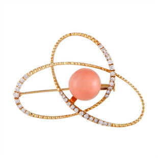 18K Yellow Gold Diamond and Coral Ball Openwork Brooch: A gorgeously whimsical design is beautifully presented in luxurious 18K yellow gold in this splendid brooch. The brooch is decorated with a lovely coral and with glistening diamonds that weigh 0.50