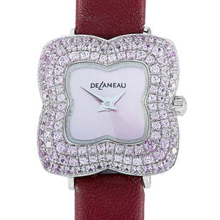 DeLaneau Les Delicates Watch LBG905 WG NR001: The DeLaneau Les Delicates watch, reference number LBG905 WG NR001, is presented with a gemset 18K white gold case that is mounted onto a burgundy leather strap, secured on the wrist with a tang