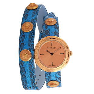 Versace Medusa Stud Icon Quartz Blue Leather Watch: The Versace Medusa Stud Icon watch, reference number VERF00418, comes with a 28 mm stainless steel case that offers water resistance of 30 meters. The case is presented on a blue leather strap that